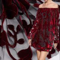 Cheap price fashionable wine red color embroidered laser cut velvet fabric for dresses